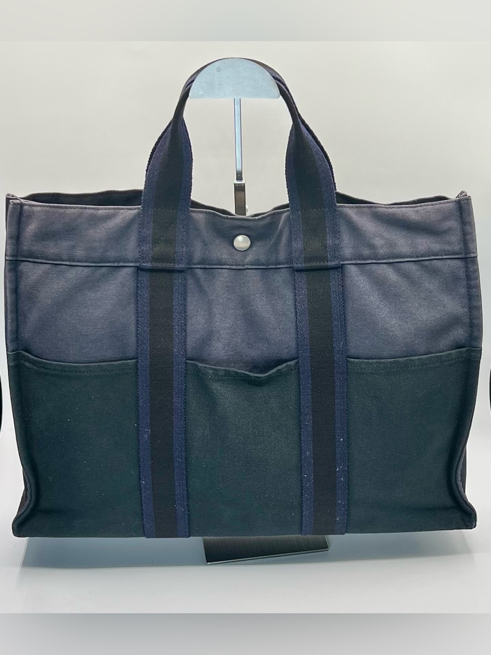 Hermes Navy and Black Canvas Tote